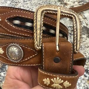 Justin Men’s Western Leather Belt 42 Brass Buckle Tooled Inlay Hair On Hide